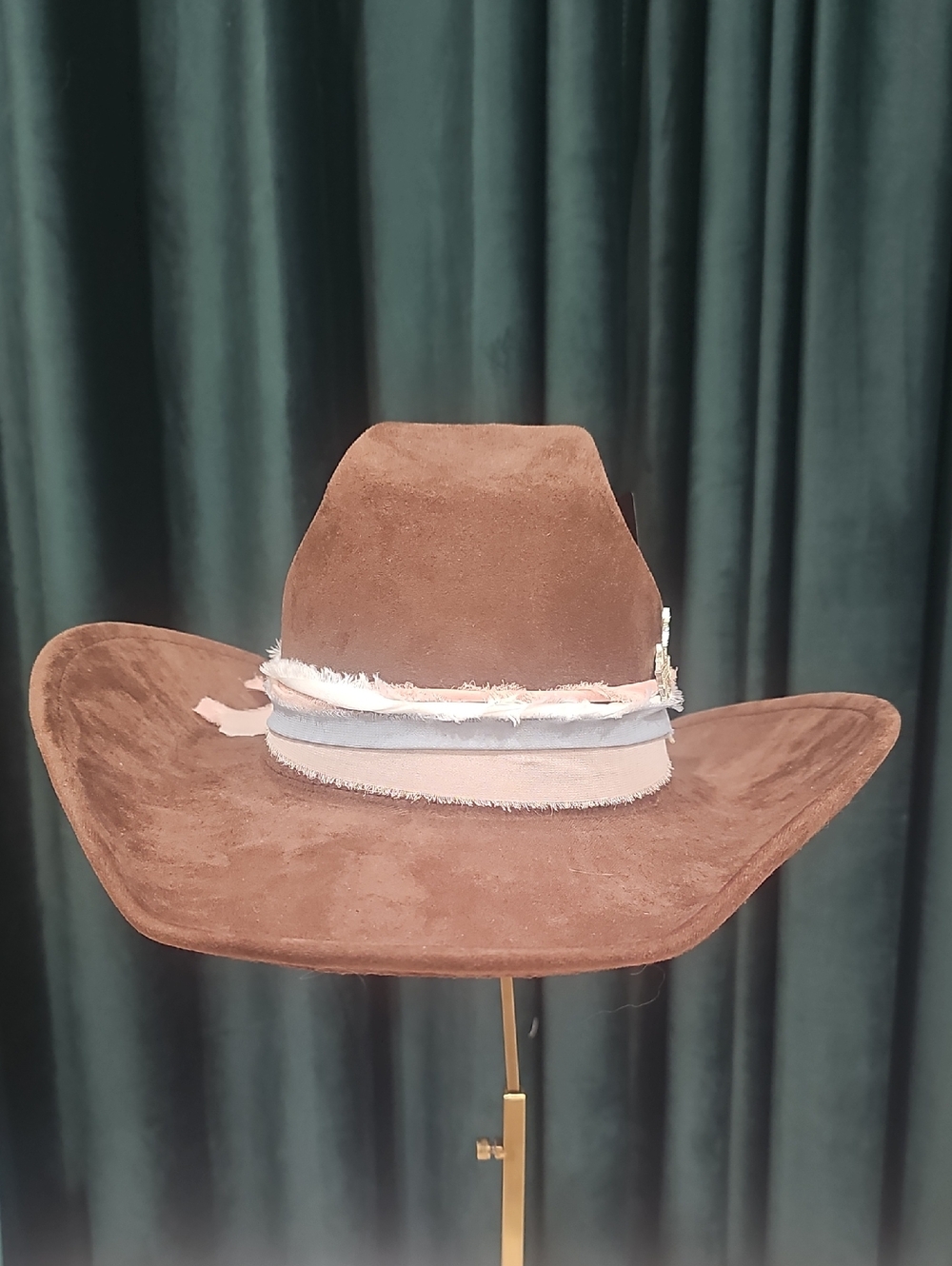 Brown Suede Wide Brim Cowboy Hat with Frayed Band